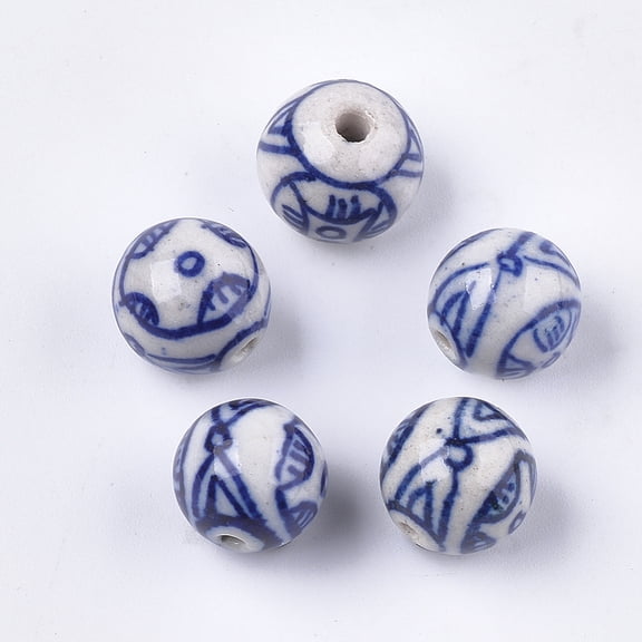 5pcs Handmade Porcelain Beads Blue and White Porcelain Round Blue 13x12mm Hole: 1.6mm