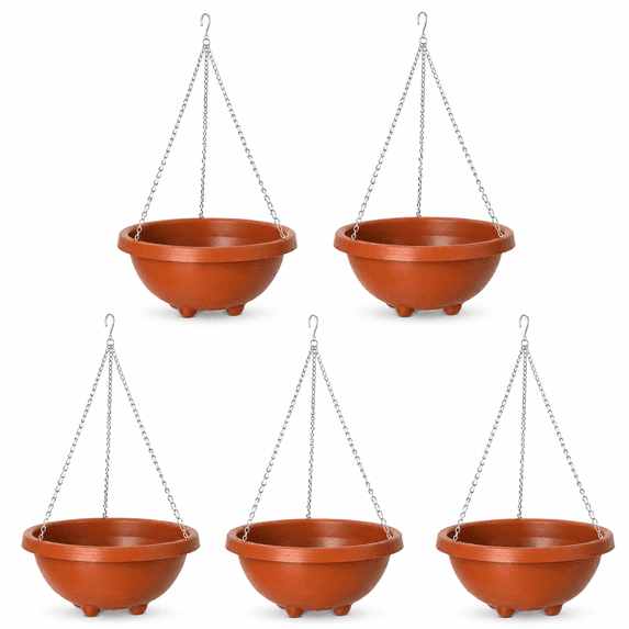 5pcs Hanging Pots for Plants Outdoor, Hanging Planter Basket Brown Wall Hanging Plants Pot with Chain and Drainage Holes for Indoor Outdoor Patio