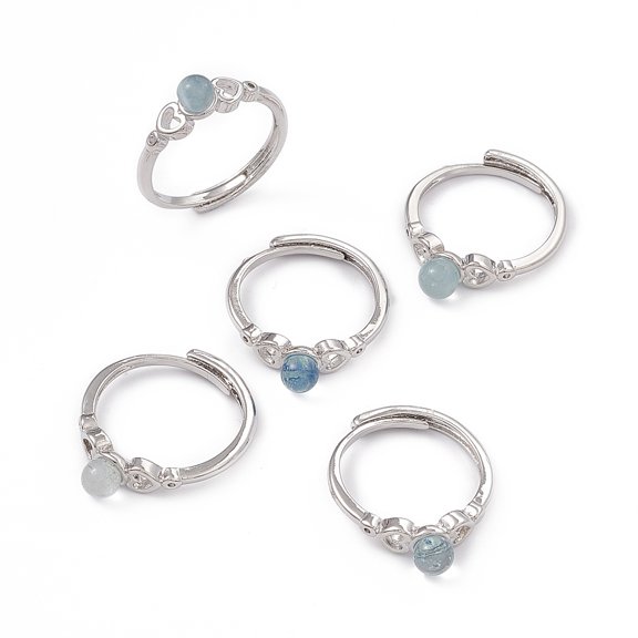 5pcs Heart Natural Aquamarine Adjustable Rings Platinum Tone Brass Finger Rings for Women 1.7~5mm Inner Diameter: Size 8 1/4(18.3mm)