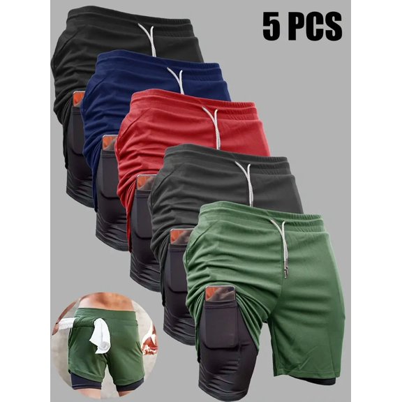 5pcs High Stretch Sports Shorts 5pcs Men's 2-in-1 Double Layer Shorts With Inner Pocket, High Stretch Sports Shorts For Summer Gym Workout Training