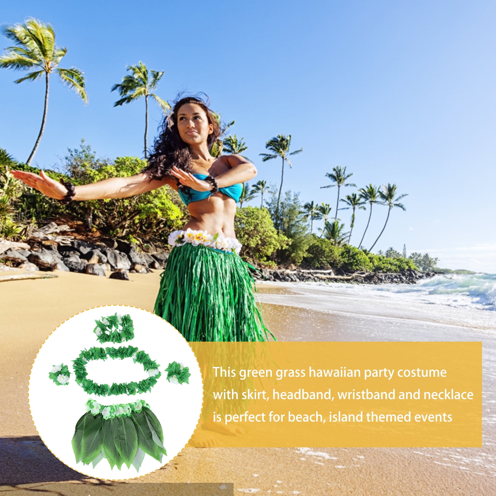 5pcs Hula Skirt Hawaiian Costume Set with Green Leaves Necklace