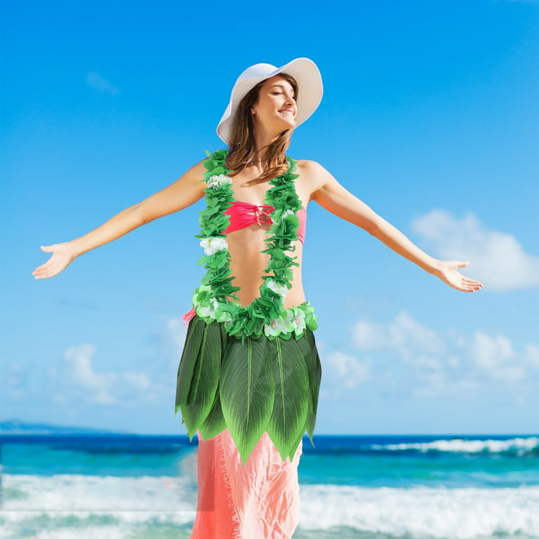 5pcs Hula Skirt Hawaiian Costume Set with Green Leaves Necklace Bracelets  Headband Luau Party Favors for Beach Luau Party Supplies(Adults)