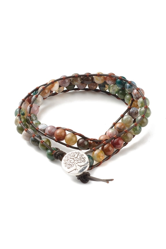 5pcs Indian Agate Round Beads 2 Raw Wrap Bracelet Tree of Life Charm Leather Wrap Bracelet for Girl Women 16-1/2 inch(42cm)