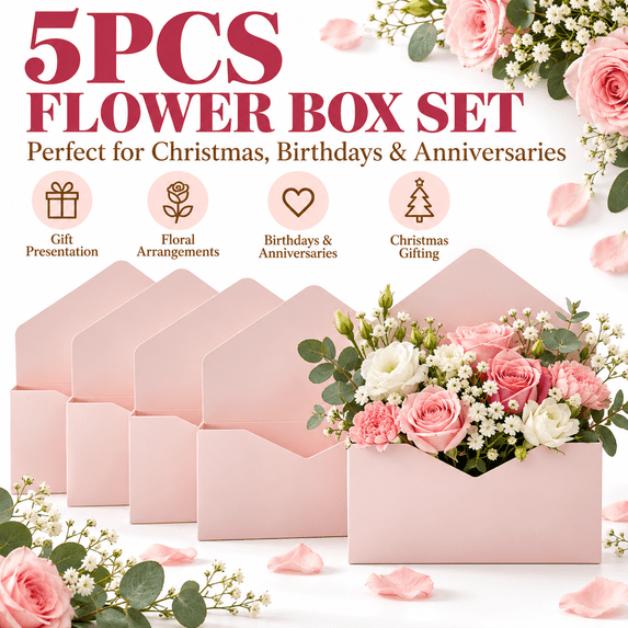 5pcs Instagrammable Colorful Flower Box Envelope - Foldable Reinforced Bottom DIY Surprise Gift Box, Bouquet Container for Florists, Christmas, Dating, Birthday & Anniversary Celebrations, Pink