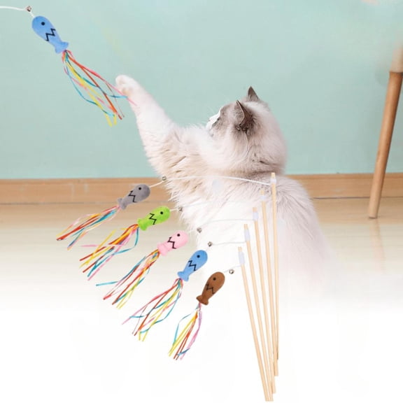 5pcs Interactive Cat Toys with Pet Herb - Durable Plush Fish Colorful Ribbon Teasers - Scratch-Resistant for Indoor Play,Ideal for Kittens, Pet Playtime Essentials Vibrant Cat Toys Wooden Handle Grip