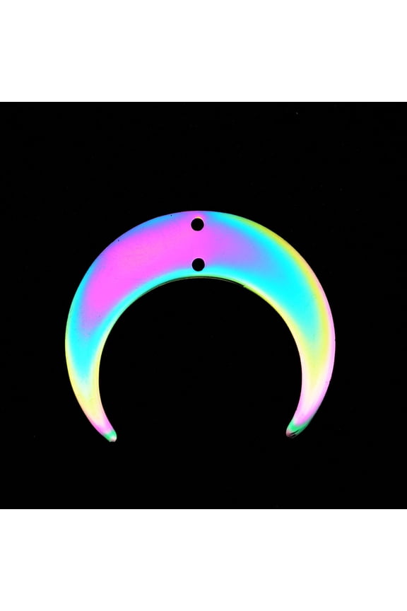 5pcs Ion Plating(IP) 201 Stainless Steel 2-Loop Link Pendants Laser Cut Crescent Rainbow color 26x30x1mm Hole: 1.2mm