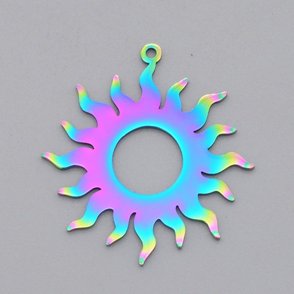 5pcs Ion Plating(IP) 201 Stainless Steel Solar Eclipse Pendants Laser Cut Sun Rainbow color 32.5x30x1mm Hole: 1.4mm