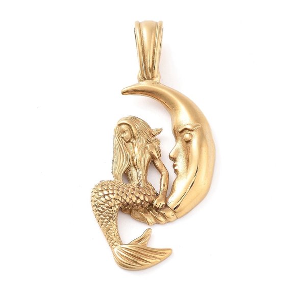 5pcs Ion Plating(IP) 304 Stainless Steel Big Pendants Moon with Charm Golden 50x25x4.8mm Hole: 7.2x4.8mm