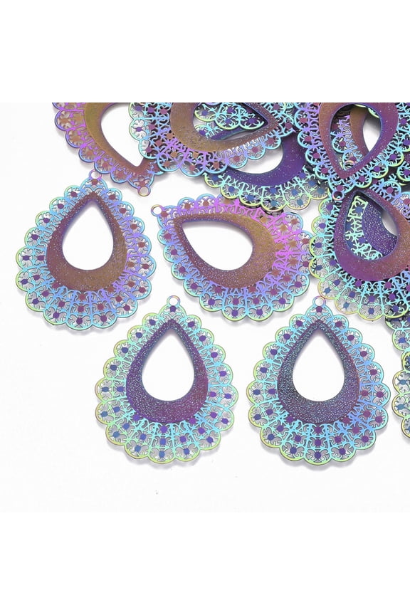 5pcs Ion Plating(IP) 304 Stainless Steel Filigree Pendants Etched Metal Embellishments Teardrop Rainbow color 45x35x0.3mm Hole: 2mm