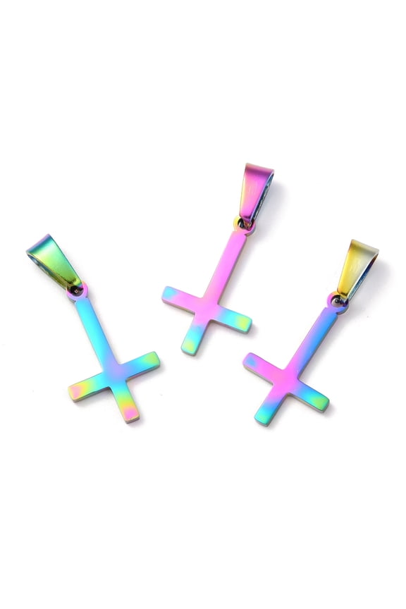 5pcs Ion Plating(IP) 304 Stainless Steel Pendants Cross Rainbow color 20.5x12.5x1.5mm Hole: 3.5x7mm