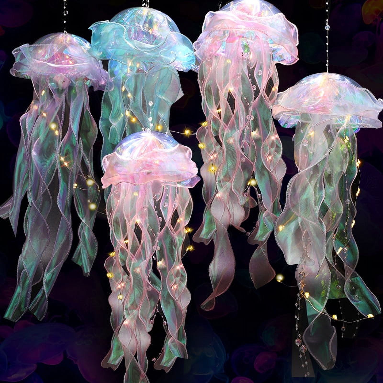 5pcs Iridescent Purple Jellyfishs Hanging, Lantern for Under The Sea Jelly Fish Decor Party Decoration Table Centerpiece Hanging Birthday Wedding Bridal Baby Shower Party Supplies