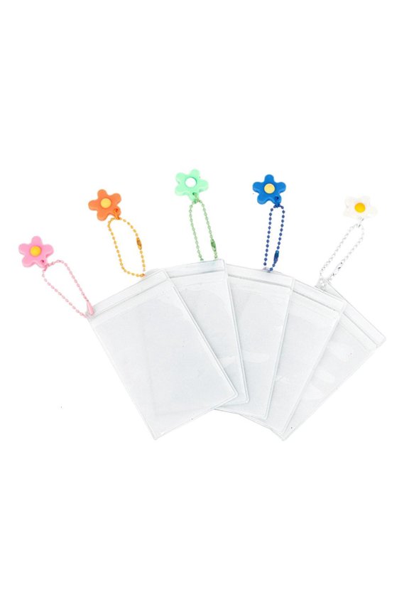 5pcs Keychain Card Holder Flower Charm Beads Chain Card Sleeve Duouble Sided Display for Travel and Daily Use