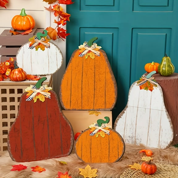 5pcs Large Farmhouse Fall Decorations - Rustic Wooden Standing Harvest Centerpieces with Pumpkin, White/Orange/Red/Brown/Beige - Artificial Wood Porch, Mantel, Table Decor for Thanksgiving, Halloween
