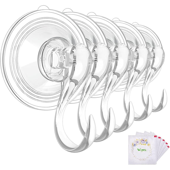 5pcs Large Suction Cup Hooks with Wipes, Heavy Duty, Removable and Reusable, Clear