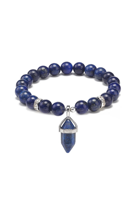 5pcs Lazuli(Dyed) Round Beaded Stretch Bracelet with Bullet Jewelry for Women Inner Diameter: 2~2-1/8 inch(5.1~5.3cm)