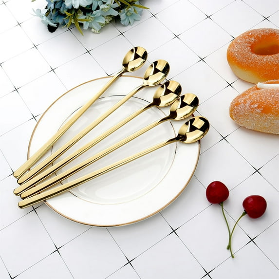 5pcs Long Handle Ice Cream Spoon 9.4" Stainless Steel Scoop Stirring Scooping Gold Tone