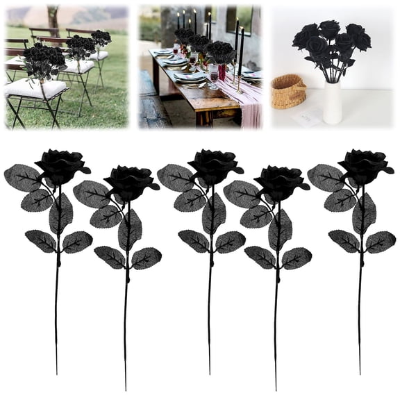 5pcs Long Stem Black Artificial Roses Silk Fake Roses for Halloween Wedding Birthday Table Centerpieces Gothic Home Decor