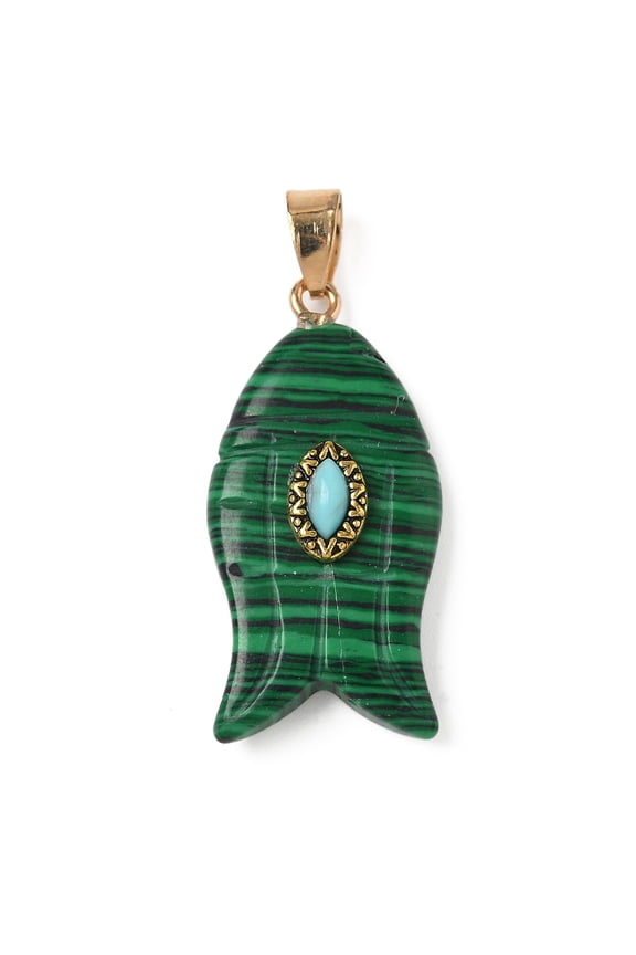 5pcs Malachite & Turquoise Carved Pendants Fish Charms with Brass Bails Golden 35x17.5x7.5~8mm Hole: 4.3x6.5mm