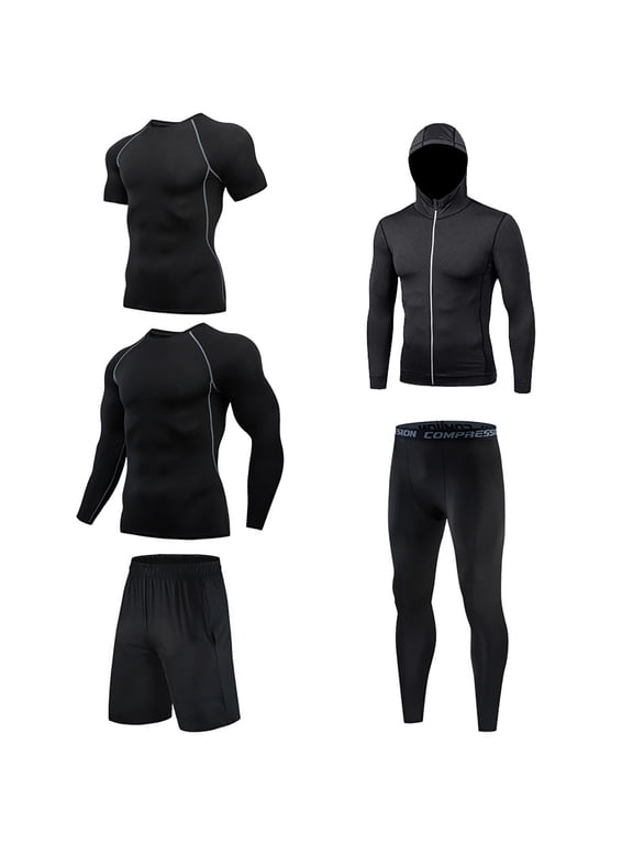 5pcs Men Workout Clothes Outfit Fitness Suits Gym Outdoor Running Compression Pants Tee Shirt Top Long Sleeve Jacket