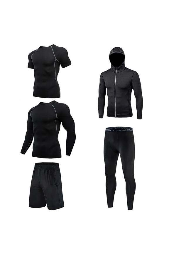 5pcs Men Workout Clothes Outfit Fitness Suits Gym Outdoor Running Compression Pants Tee Shirt Top Long Sleeve Jacket