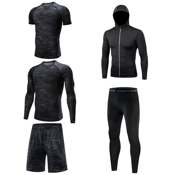 5pcs Men Workout Clothes Outfit Fitness Suits Gym Outdoor Running Compression Pants Tee Shirt Top Long Sleeve Jacket