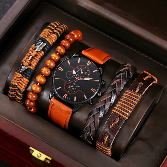 5pcs Men's Fashion Business Casual Watch Set - Quartz Timepiece with Orange Faux Leather Strap & Brown Beaded Bracelets, Non-Waterproof, Alloy Case, Watch Accessories