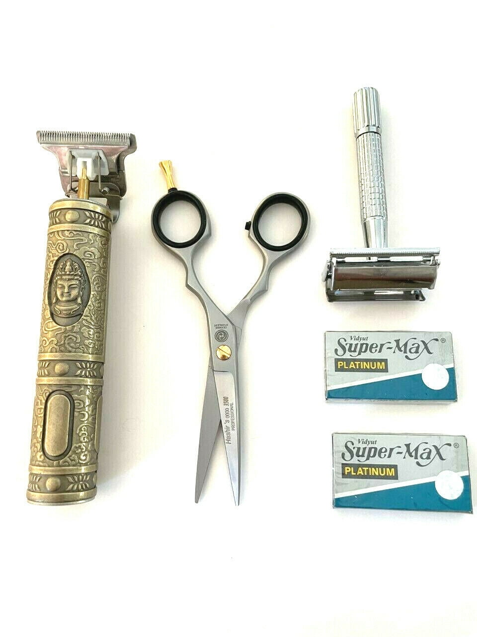5pcs Men’s Hair Trimmer T-Liner Shaving Rechargeable + Shears Old Fashion Safety Razors Blades