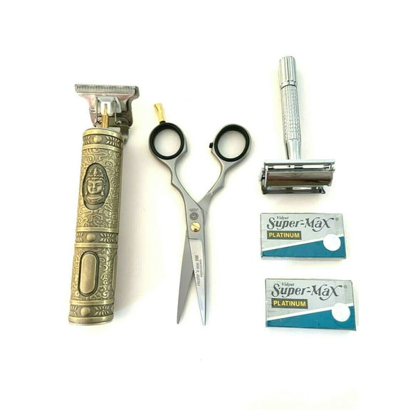 5pcs Mens Hair Trimmer T-Liner Shaving Rechargeable + Shears Old Fashion Safety Razors Blades