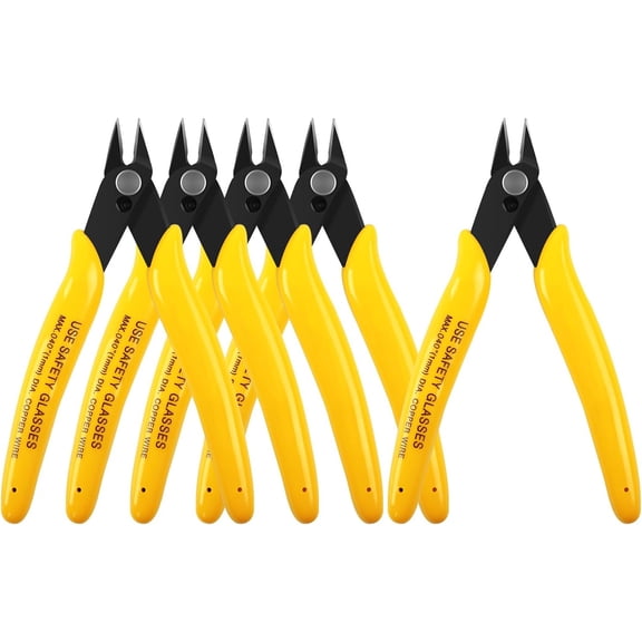 5pcs Micro Flush Cutters, Wire Cutter with Internal Spring, Diagonal Cutters for Electronics, Heating Wire, Model Sprue, Soft Copper Wire Snips, 5 Inches, Yellow