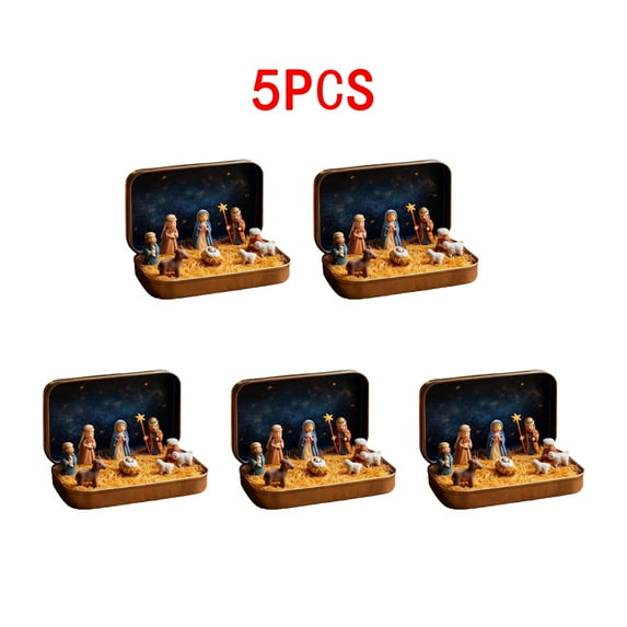 5pcs Mini Christmas Nativity Set in Tin Box - Holy Family Figurines, Religious Christmas Decor, Perfect Festive Gift for Family, Ideal for Holiday Home & Desktop Religious Displays