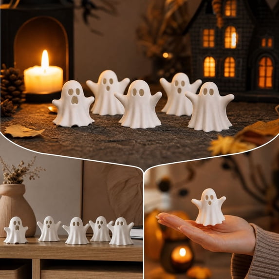 5pcs Mini White Ghost Figurines, Resin Halloween Ghost Statues with Hollow Face Designs, Small Spooky Tabletop Decorations for Tiered Tray, Shelf, Mantel, Desk and Seasonal Home Decor, White