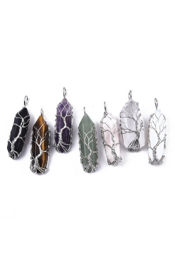 5pcs & Mixed Big Wire Wrapped Pointed Pendants with Brass Wires prismatic with Tree of Life 48~62x14~17x13~18mm Hole: 4x5~6mm