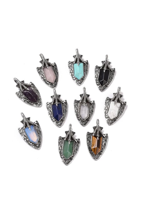 5pcs & Mixed Faceted Big Pendants Dragon Claw with Arrowhead with Antique Silver Alloy Findings Mixed Dyed and Undyed 55x27.5x10.5mm Hole: 6mm
