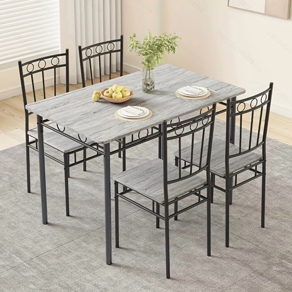 5pcs Modern Compact Dining Table Set for Small Spaces with 4 Chairs & Table - Space-Saving Kitchen/Dinette Furniture, Wood & Metal Frame (Brown/Black/Gray), /Plywood Tabletop & Stair-Back Chairs