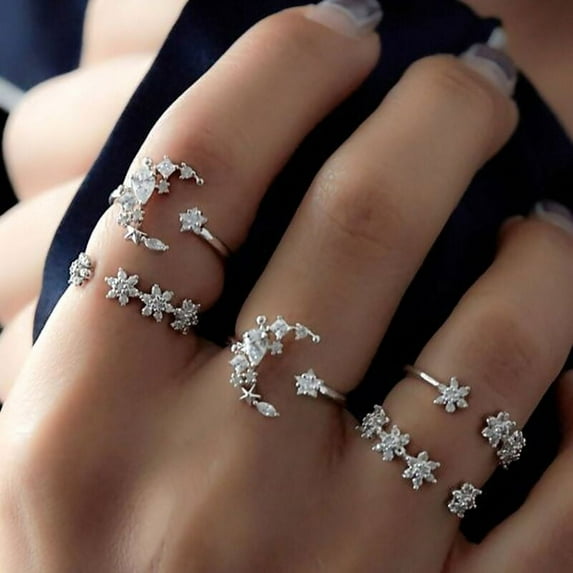 5pcs Moon & Flower Alloy with Crystal Rhinestone Cuff Rings Platinum Inner Diameter: 16~17mm