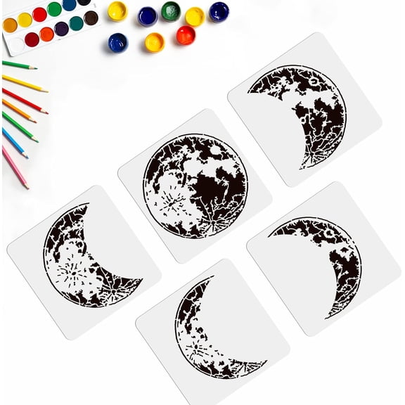5pcs Moon Phase Stencil 11.8"11.8" Moon Stencil Square Reusable Crescent Moon DIY Wall Stencils Drawing on Wood Wall Home Decor Furniture Crafts