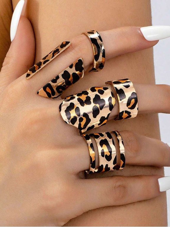 5pcs Multicolor Leopard Print Ring Set, Vintage Bohemian Style Statement Jewelry