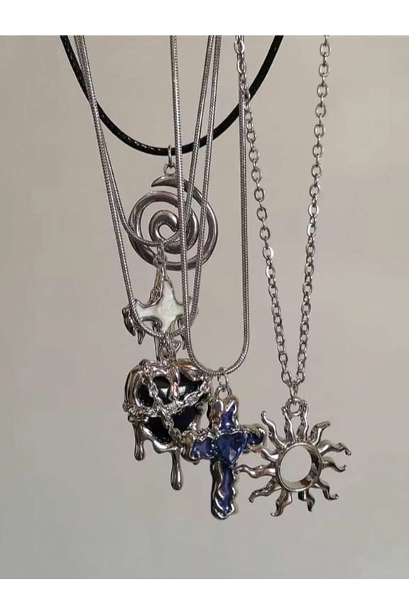 5pcs Multicolor Vintage Punk Harajuku Grunge Heart Cross Swirl Sun Pendant Necklace Set Unisex Y2K EMO Aesthetic