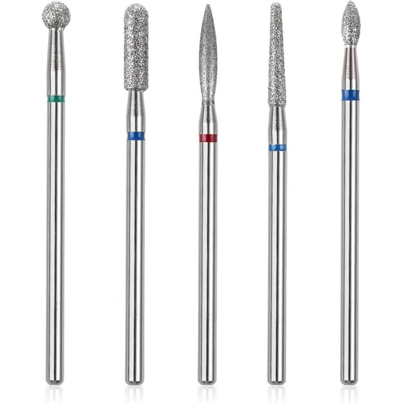 5pcs Nail Drill Bits Set, Manicure Drill Bits, Professional Nails Diamond Bits Russian Cuticle Remover Bits Kit, Cylinder/Ball/Flame/Needle Cuticle Bit For Acrylic Gel Nails Home Salon