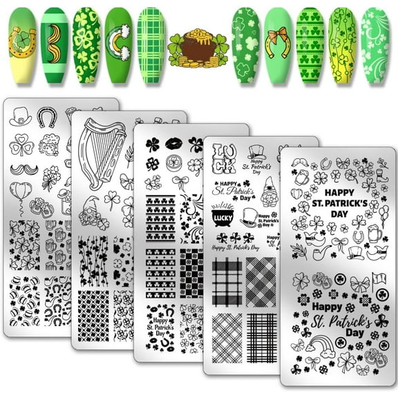 5pcs Nail Stamping Plates for St. Patrick's Day Shamrock Nail Art Templates Leaf Clover Flower Nail Art Stencils Stainless Steel Nail Plates for Holiday Nail Design Print Manicure Salon