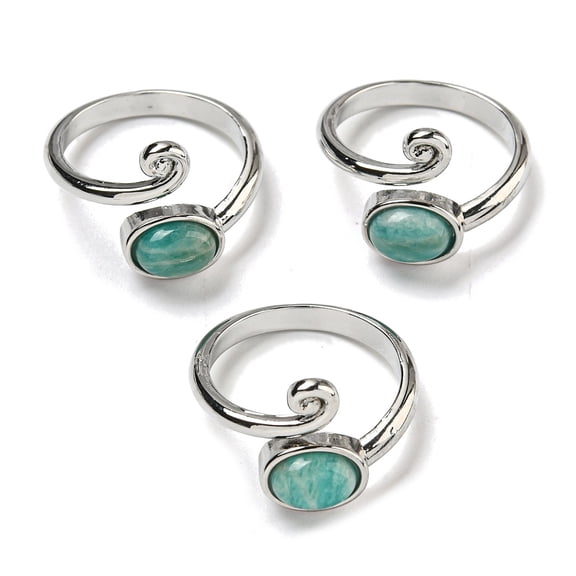 5pcs Natural Amazonite Adjustable Rings with Platinum Brass Findings Long-Lasting Plated Jewely for Women Oval Size 8(18.1mm)