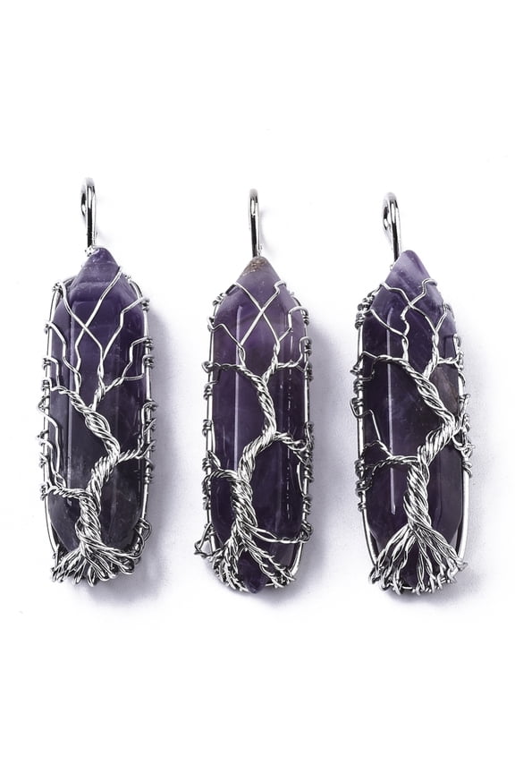 5pcs Natural Amethyst Big Wire Wrapped Pointed Pendants with Brass Wires prismatic with Tree of Life Platinum 48~62x14~17x13~18mm Hole: 4x5~6mm