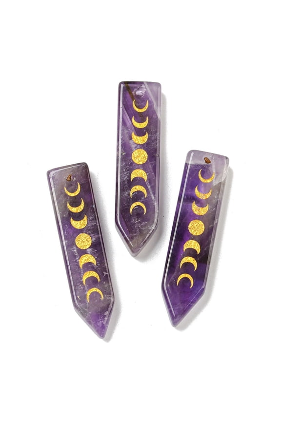 5pcs Natural Amethyst Moon Phase Pendants Arrow Charms 49.5x12.5x6mm Hole: 1.6mm