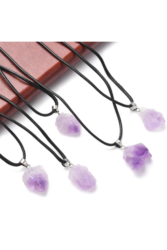 5pcs Natural Amethyst Pendant Necklaces with Wax Cord and Iron Curb Chains 17.59 inch(44.7cm) 1.5mm