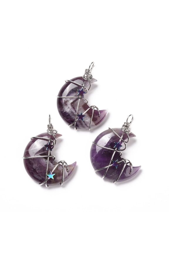 5pcs Natural Amethyst Pendants with Platinum Tone Brass Wire Wrapped and Hematite Star Beads Cadmium Free & Lead Free Moon 45.5~47x32.5~33.5x11~12mm Hole: 5mm