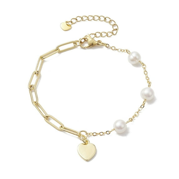 5pcs Natural Cultured Freshwater Pearl Beads Paperclip Chains Heart Charm Bracelets with Lobster Claw Clasps for Women Golden 7-1/4 inch(18.5cm)