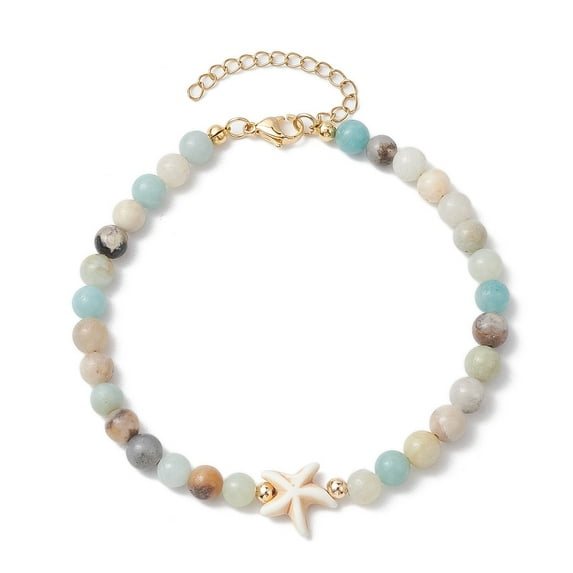 5pcs Natural Flower Amazonite & Turquoise Charm Anklets for Women Starfish 9-1/8 inch(23cm)
