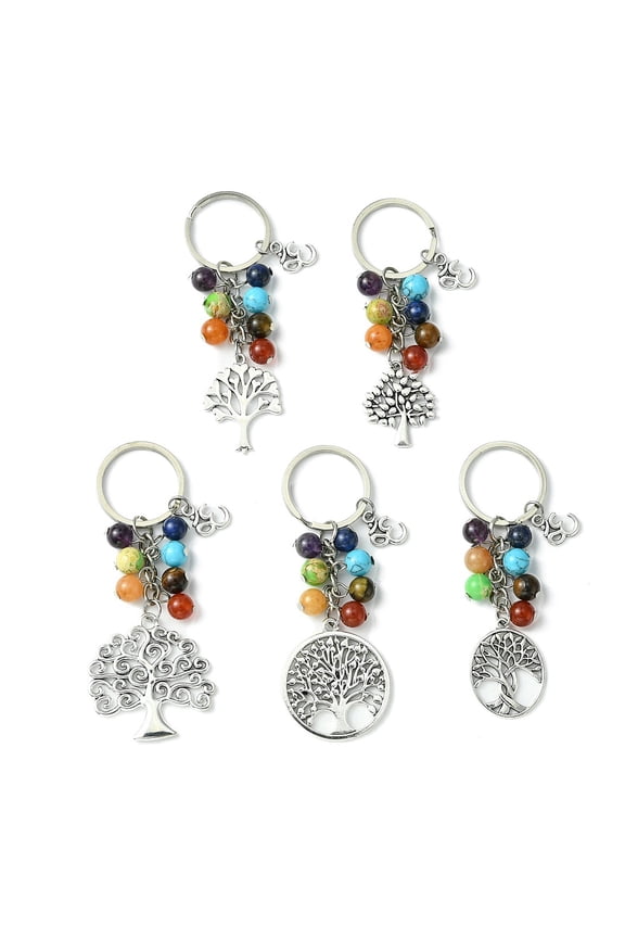 5pcs Natural & Gemstone Keychain Alloy Tree of Life Keychain 8.5~9.6cm Mixed Stone