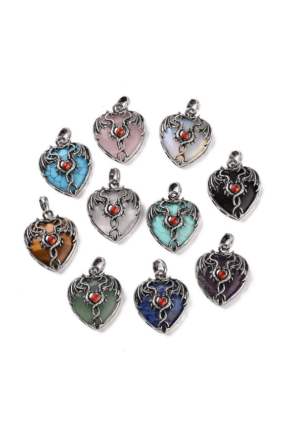 5pcs Natural Mixed Gemstone Pendants Heart Charms with Rack Plating Silver Tone Hyacinth Rhinestone Dragon Wing Findings Mixed Dyed and Undyed 36.5~37.5x32~32.5x9.5~10.5mm Hole: 8.5x5.5mm