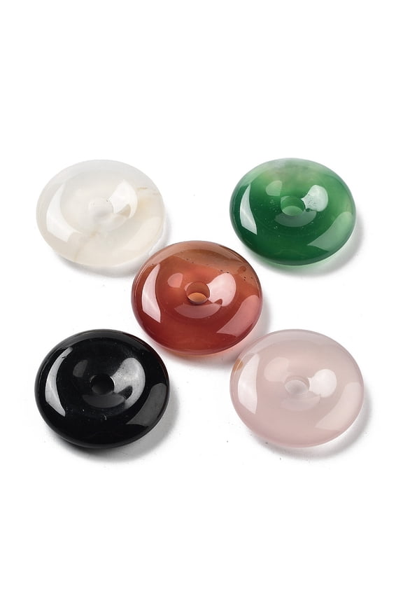 5pcs Natural Mixed Stone Donut/Pi Disc Charms 30x7.5mm Hole: 3.5~5mm